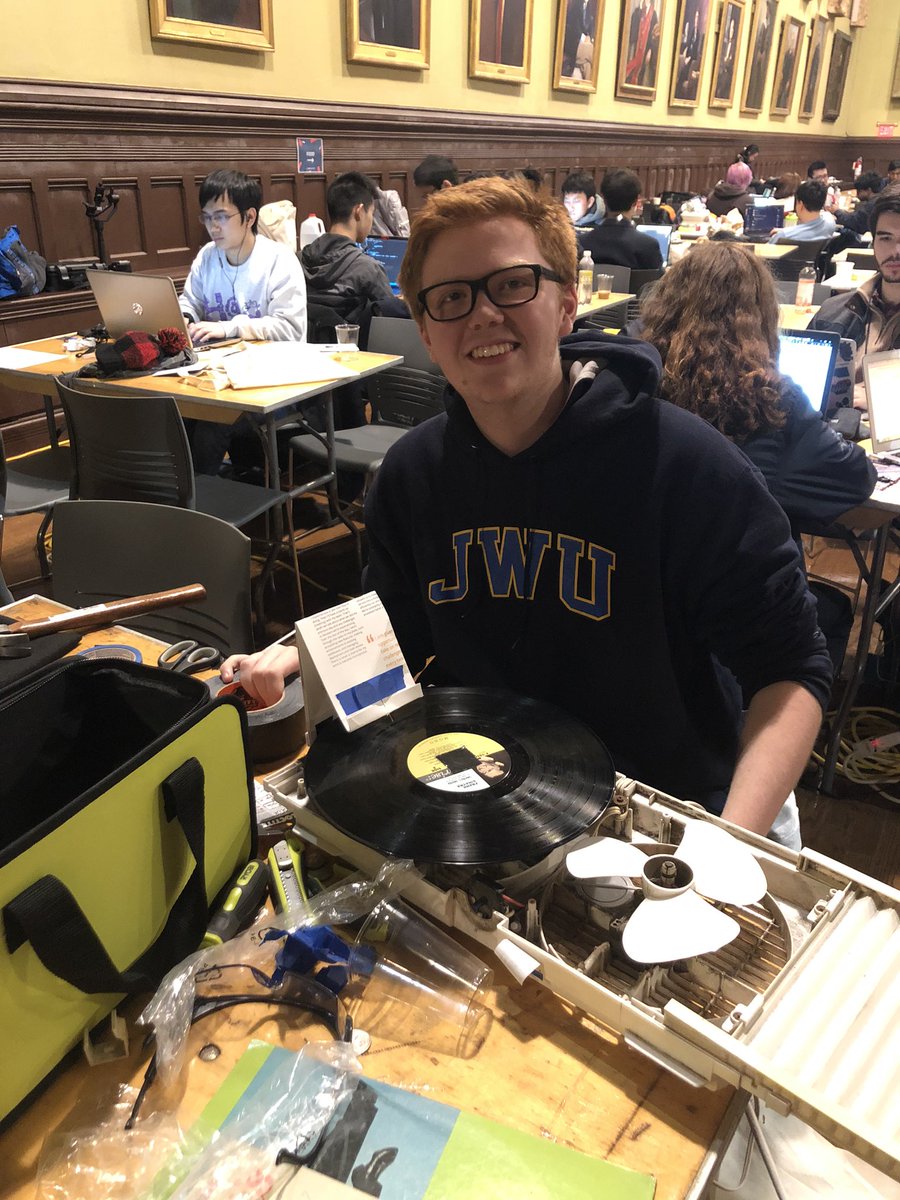 hackatbrown's tweet photo. Brian Thornber is working on a portably vinyl record player made of upcycled materials! #hackathon #hackatbrown #upcycle https://t.co/kAyjRZq5Q4