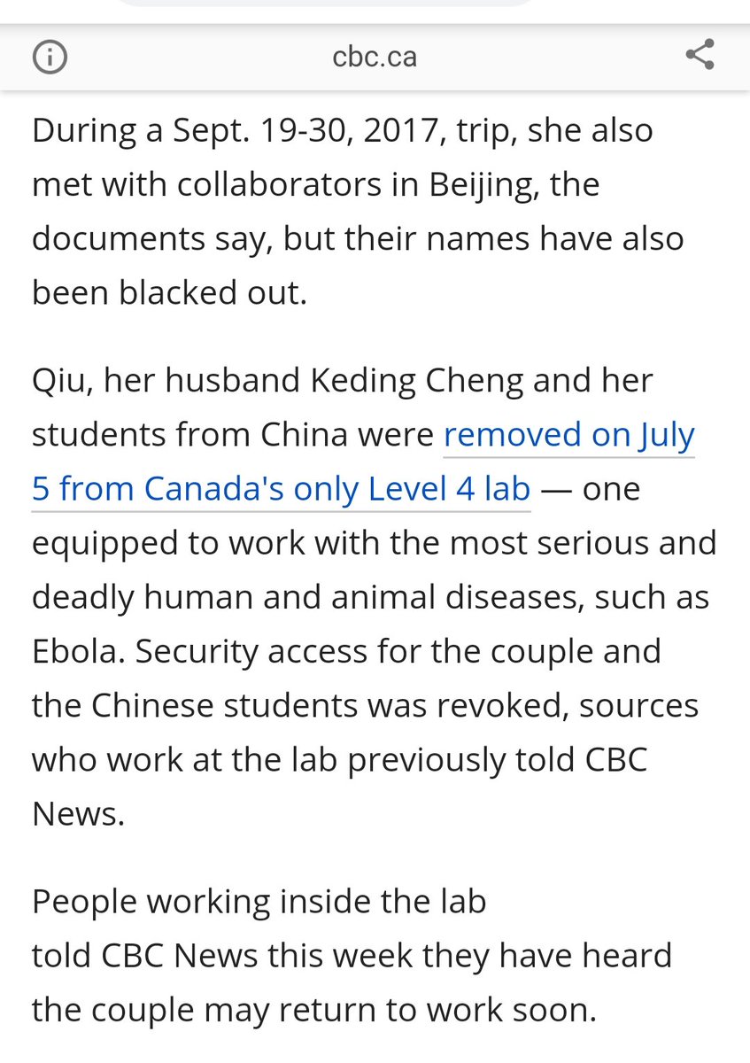 15) It also talks about how Dr. Qiu, her husband and fellow scientist, Keding Cheng, and their team of Chinese students, were removed from the Level 4 facility on July 5th of 2019 in the midst of a police investigation into a "policy breach".