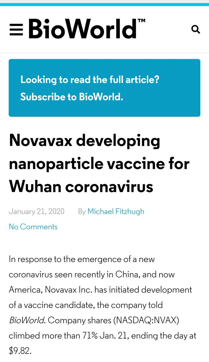 16) Side note: Remember Novavax that created the Ebola vaccine? Apparently they are now creating a vaccine for this Wuhan coronavirus. Look how much their stock jumped in value because of the announcement. 71% is pretty healthy.