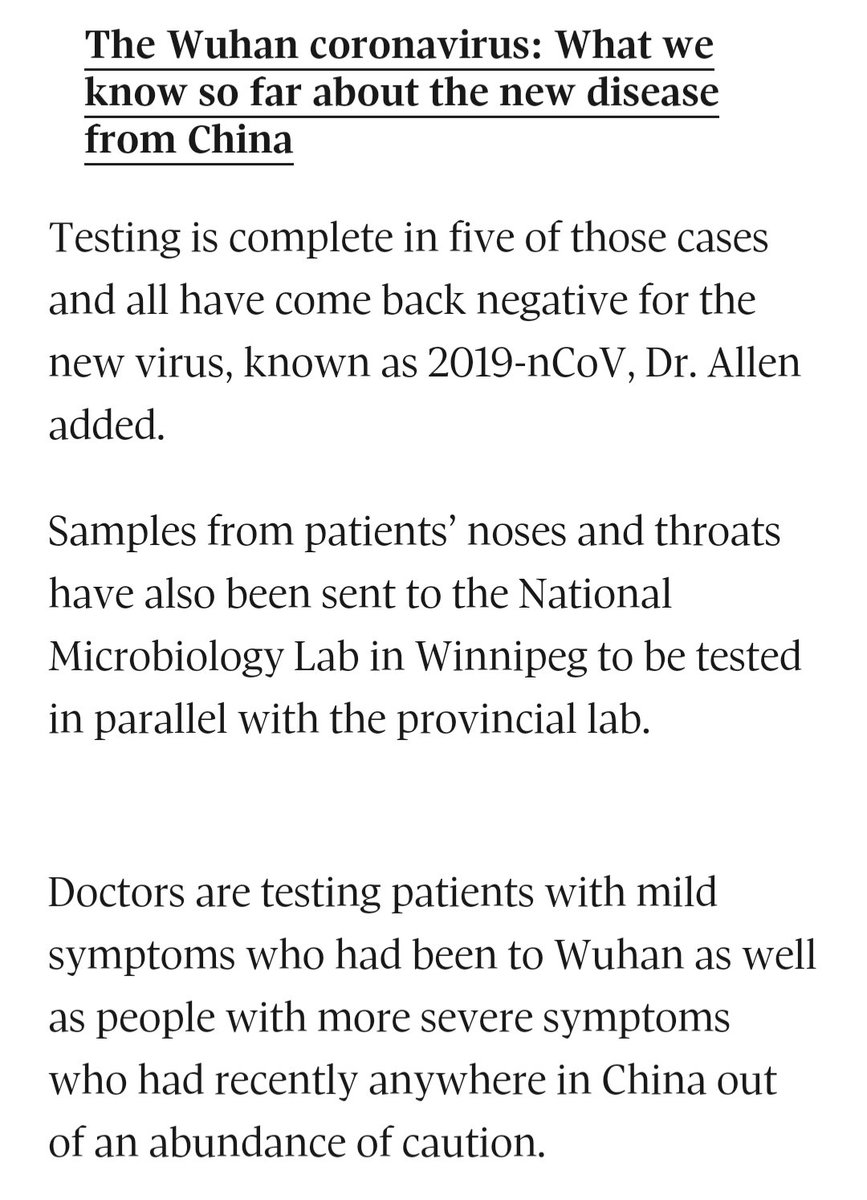 17) A Globe and Mail article from January 23, 2020, explains how Canadian patients are having their test samples sent to the National Microbiology Lab in Winnipeg.