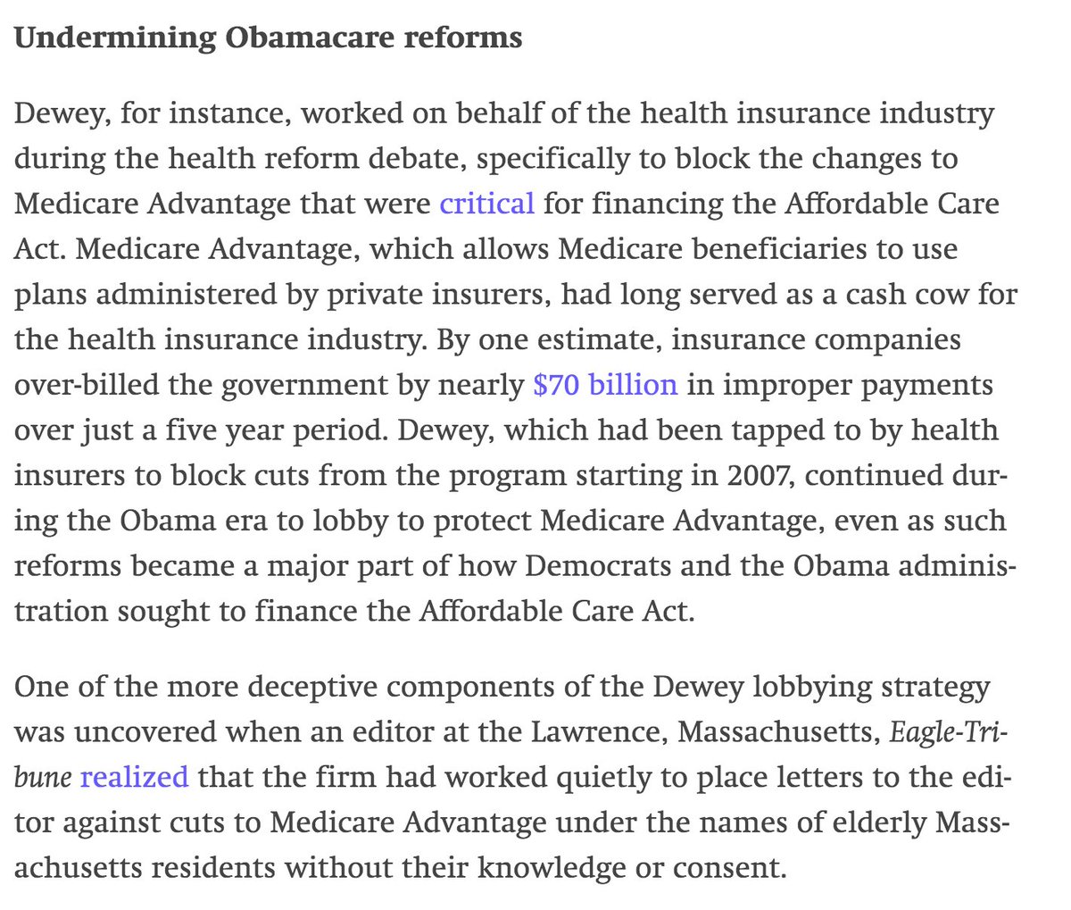 From 2016  @theintercept story: Dewey Square Group worked on behalf of health insurance industry during health reform debate, even placing letters to editor in newspaper "under names of elderly Massachusetts residents without their knowledge or consent." https://theintercept.com/2016/02/08/hrc-inner-circle-lobbyists/