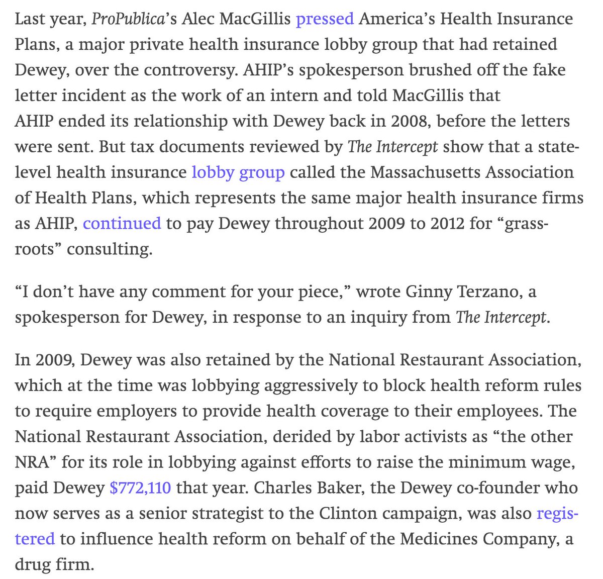 From 2016  @theintercept story: Dewey Square Group worked on behalf of health insurance industry during health reform debate, even placing letters to editor in newspaper "under names of elderly Massachusetts residents without their knowledge or consent." https://theintercept.com/2016/02/08/hrc-inner-circle-lobbyists/