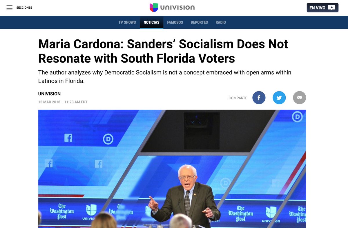 Maria Cardona wrote column for Univision in March 2016, "Sanders Socialism Does Not Sit Well With Florida Voters." She invoked Venezuela, ignoring how US policy has targeted and destabilized country since at least 1998 because socialism was incorporated into their democracy.