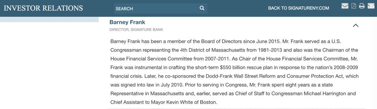 Barney Frank is former congressman, who currently is on board of directors of Signature Bank in New York.In July 2018, New York Times examined how bank was a go-to lender for President Donald Trump's family, as well as Jared Kushner's family.  https://www.nytimes.com/2018/07/23/business/signature-bank-trump-kushner.html