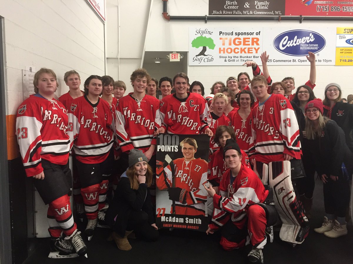 AmeryHockey's tweet photo. Huge congrats goes out to @McAdam_Smith, who with two assists today, reached 100 points for his career. He is the eighth player in program history to reach that feat. https://t.co/9bpz7JJ4lZ