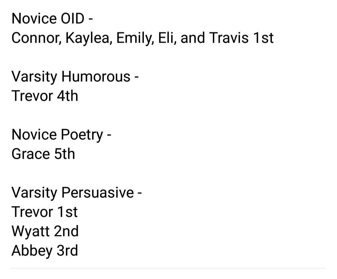fc_speech's tweet photo. Results from Thayer Central: https://t.co/tIlLx3BVTE