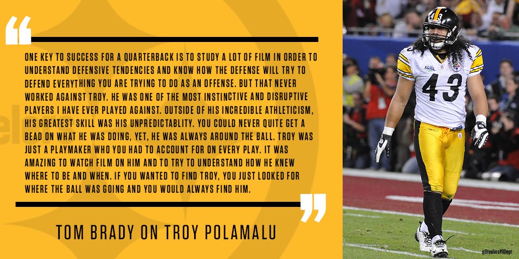 SteelersPRBurt's tweet photo. Former #Steelers S Troy Polamalu is a finalist in his 1st year for potential induction into the Pro Football Hall of Fame (voting in one week from tonight). #Patriots QB Tom Brady offered this powerful statement re: playing against Troy: https://t.co/wwUt9yqOcl
