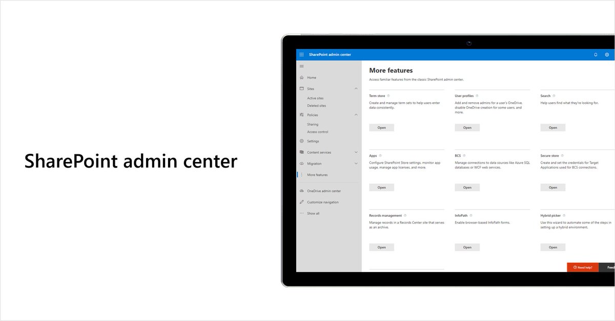 SharePoint's tweet photo. The “Classic features” page in the #SharePoint admin center has been renamed to “More features,” and all classic features are shown on the page. https://t.co/HL59atndLx https://t.co/5H1k7MVrgF