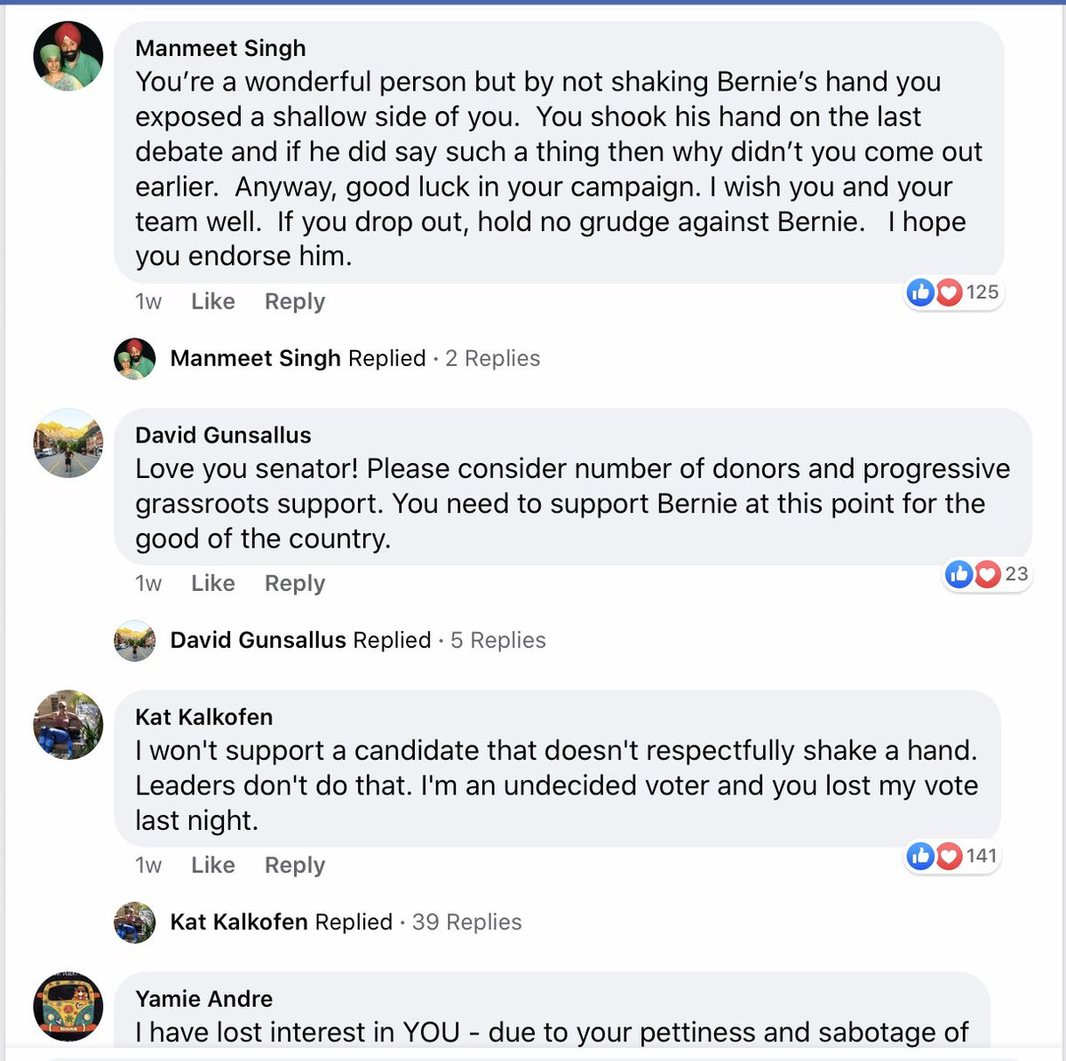 SheRa_Persists's tweet photo. So I was trying to browse the comments on @ewarren’s Facebook for one of her fundraising posts. 

I haven’t done a large sampling, but this is suspicious right? A series of comments dominating the top of someone’s Facebook comment feed, all anti-Warren, pro-Bernie? 

#BernieFail https://t.co/P6Fbq3XI5j