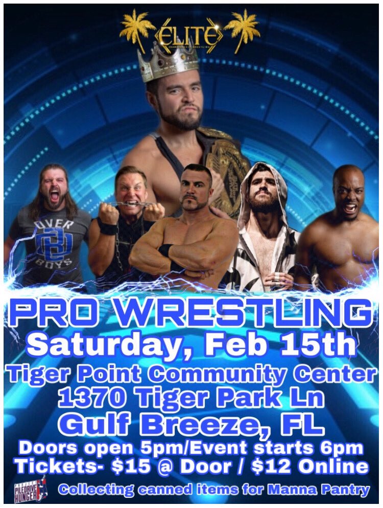 EliteCWrestling's tweet photo. Saturday, February 15th in Gulf Breeze, FL! #wrestling #prowrestling #gulfbreeze #florida #fl #nwfl #WeAreElite #EliteFL #WEEKEND https://t.co/M8bG4ltTvK