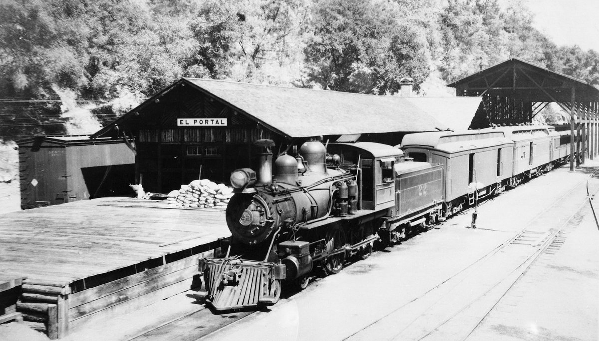 black-and-white photo of a steam locomotive at the El Portal train station, just outside Yosemite.