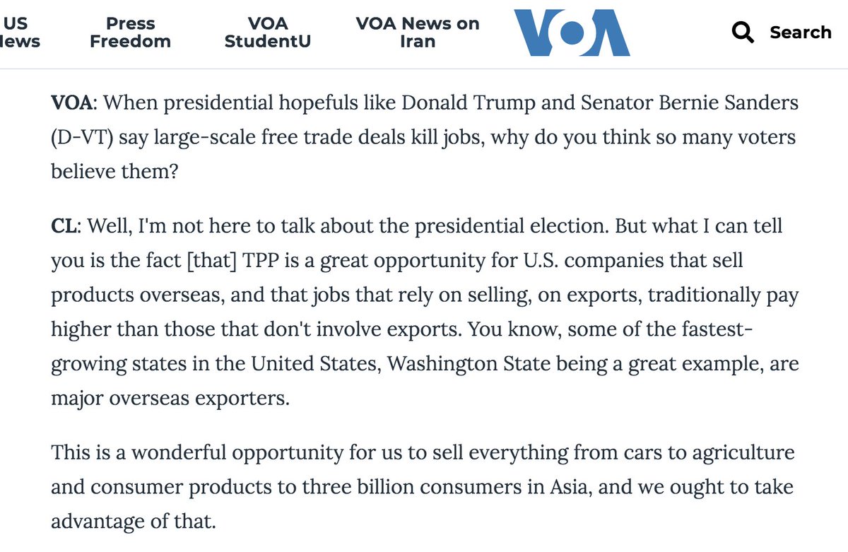 Chris Lu was Deputy Secretary of Labor for President Obama.In 2016, when issue of trade deals killing jobs was raised, Lu replied, "TPP is a great opportunity for US companies that sell products overseas," and jobs reliant on exports pay better. https://www.voanews.com/usa/interview-top-us-labor-official-talks-job-creation-tpp