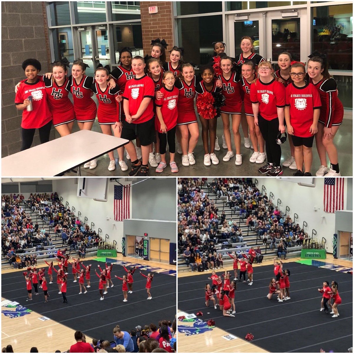 HGMSathletics's tweet photo. Last night was full for our All-Girl cheer squad. First of all they killed it on the mat in the small division and then they lead The Mighty Bulldogs to a victory of their own! Way to make Holly Grove Proud ladies! #inspirationteam @HollyGroveMS @CoachOmerPE @WCPSS_Athletics https://t.co/NrUF2LUNwS