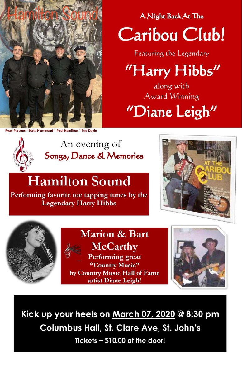 HamiltonSoundNL's tweet photo. Time to gear up and shake off that cabin fever from #Snowmageddon2020 and enjoy a night out with Music and Friends! Join us, Hamilton Sound, along with Marion and Bart McCarthy, on March 7th at the Knights of Columbus on St. Clare Avenue at 8:30 pm. Tickets only $10 each! https://t.co/VzFmQCpWYa
