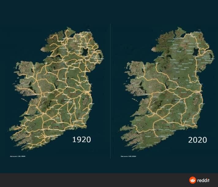 IrelandRethink's tweet photo. The result of government policy and car addiction over 100 years. Will there be tracks in 2120? Will we be here? @RichardbrutonTD @Dept_CCAE @DttasIrl @SeanCanney @SeanKyneTD @Shane_RossTD @TFIupdates @dermotog @cosaingalway @dublincycling @Cyclistie @ecounesco @Transport_EU https://t.co/Ju1623AcEw