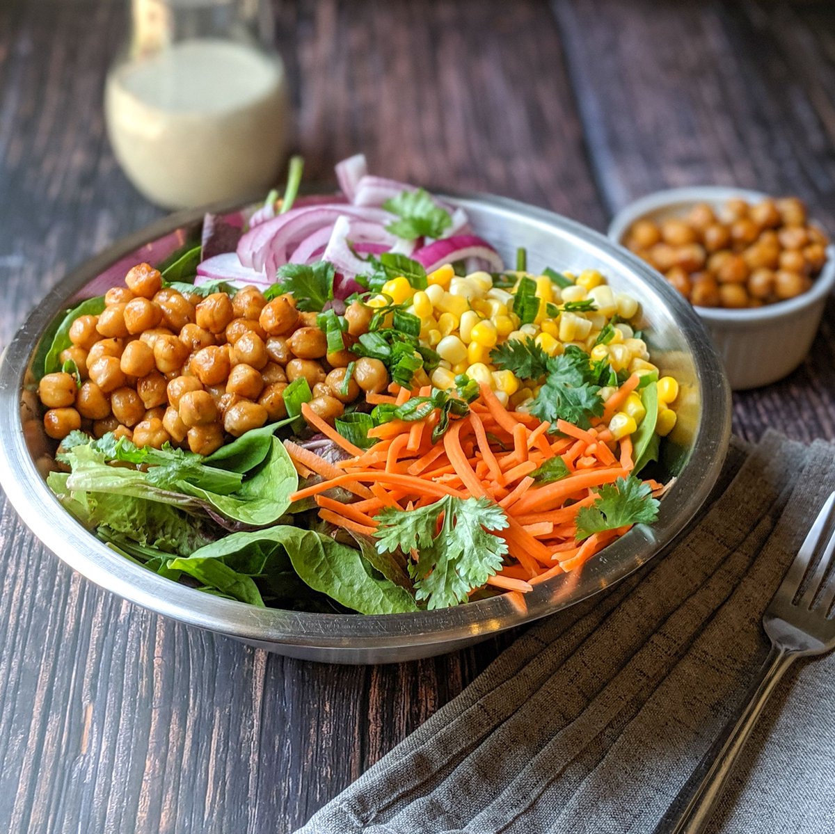 texanvegan's tweet photo. One of my all-time favorite salads from @runningonrealfood 0 BBQ Chickpeas, carrots, corn, red onions, &amp; delicious tahini ranch dressing, all on a big bed of greens. 
https://t.co/LyVtMjmfB7

#runningonrealfood #veganuary2020 #veganuary #wfpb #govegan #texanvegan
#veganfoodporn https://t.co/wP0sgXKpFD