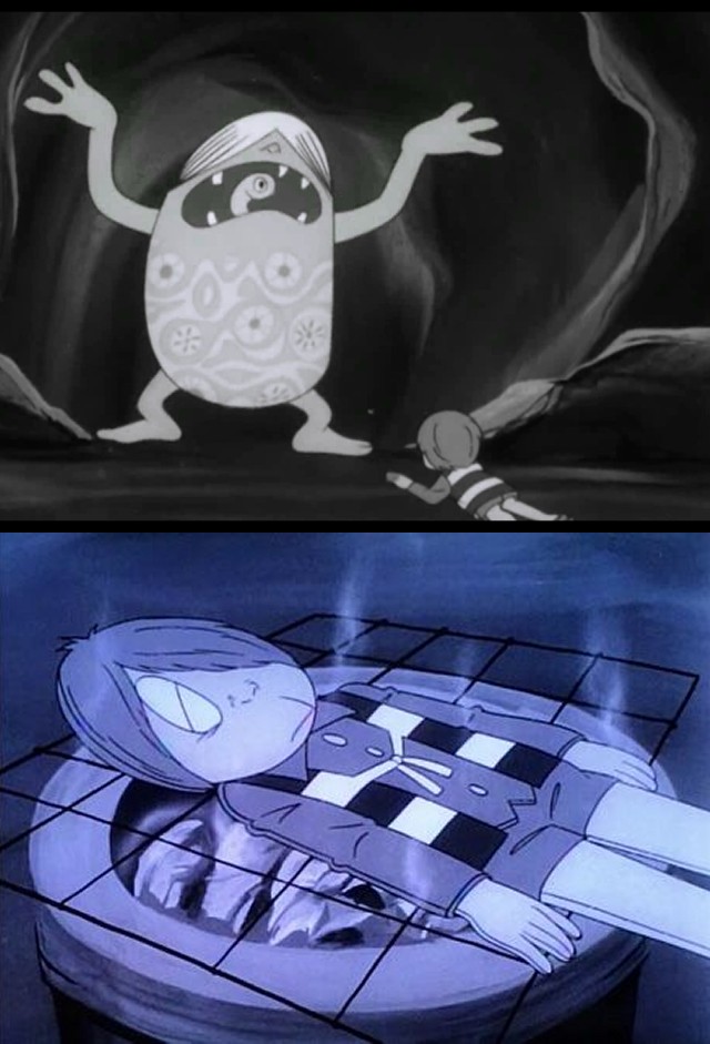 オオカワ 各期のさざえ鬼 1 3期 鬼太郎に化け人魚の子を売り誘い出す 4期 1期と同じ そこで人魚の子から助けを求められる 5期 リゾート地で妖怪横丁の仲間に近づき捕え誘い出す 目的は鬼太郎を喰い妖力を得る為で 3期では公害病を克服する為になって