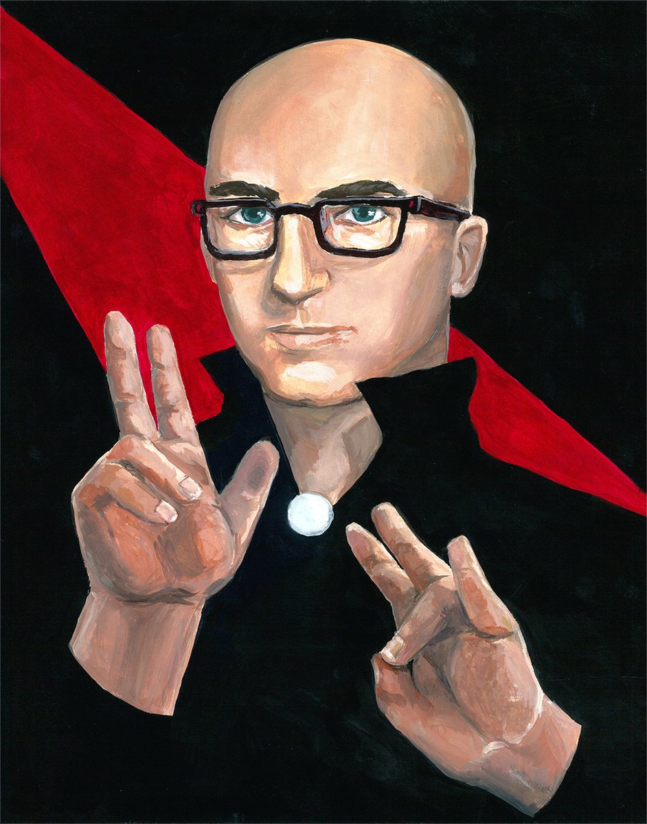 a portrait painting of Sid, a young bald white man wearing glasses. he's wearing a black collared shirt and his hands are in the picture making gestures like you would see in religious icons. 