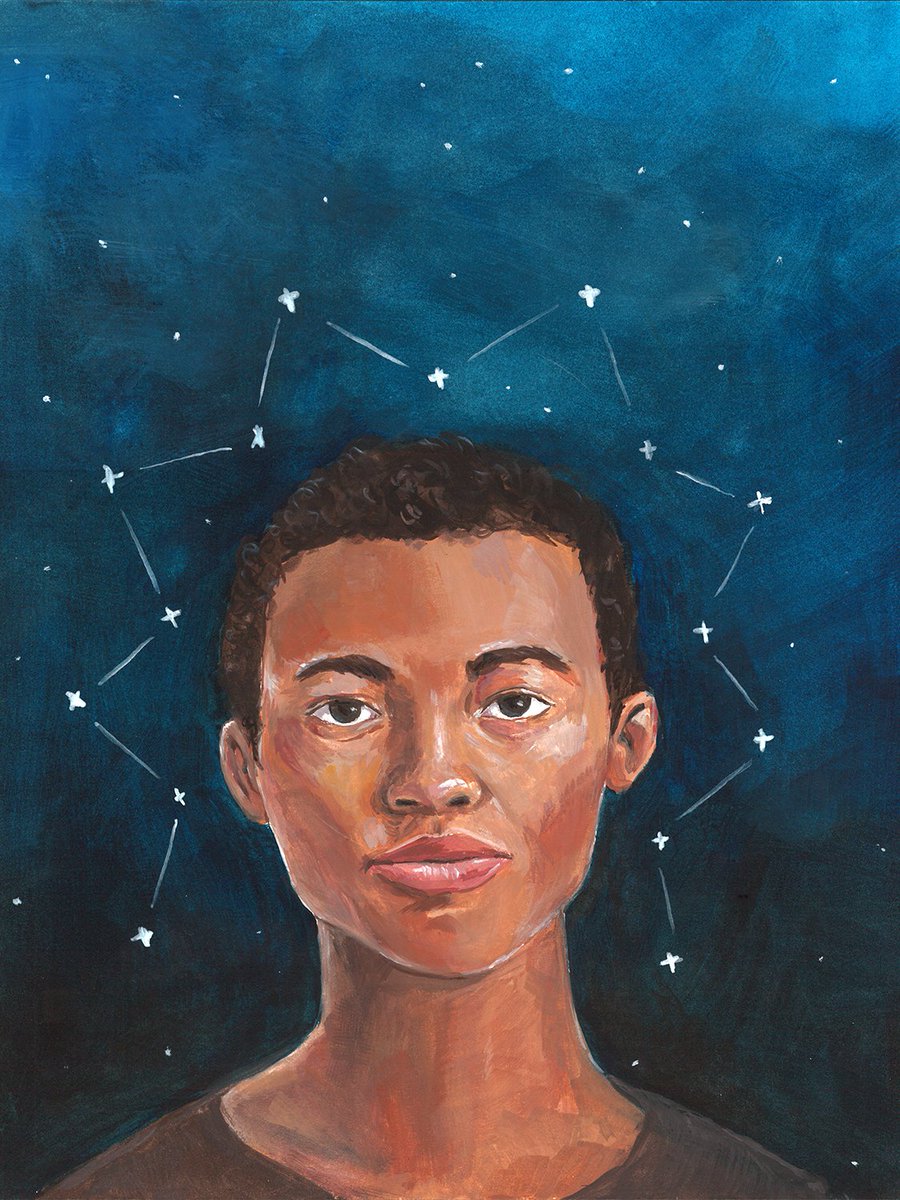 a portrait painting of Yan, a young black woman. she has short hair and is looking at the viewer with a troubled expression. her head is framed by a halo of stars connected to look like an illustration of a constellation