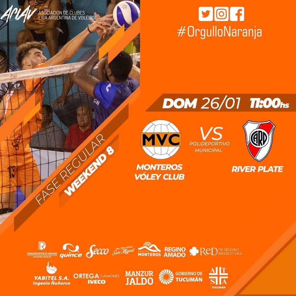 MonterosVoley's tweet photo. #LVA A madrugar este domingo. Desde las 11 por TyC Sports para todo el país.

🏆Fase Regular - Weekend 8

📌 26 de Enero
🏐 @rivervoley
🕤 11:00
🏟 Polideportivo Municipal
🖥 TyC Sports

Acércate al Gimnasio Municipal y viví el vóley de alto nivel

#OrgulloNaranja 🍊 https://t.co/en3Zay0e9Z