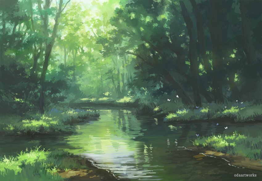 O Xrhsths Odaartworks Sto Twitter ラフイラスト 森の中の水辺の風景 ワンポイントとして蝶々を飛ばしてみたけど あまり目立たないな汗 イラスト オリジナル 風景画 背景画