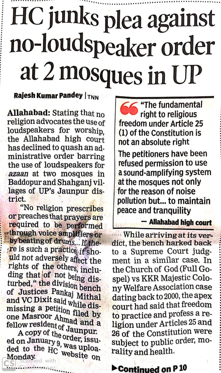 Rajbsv's tweet photo. Loudspeakers at religious places:

'The Fundamental right to religious freedom under Article 25(1)of the Constitution is NOT an absolute right.'

'In a mixed populatn, if communities were used sound amplifiers, it cud trigger friction btwn them n create Law&amp;Order problem.' (1/2) https://t.co/aFCyil4C23