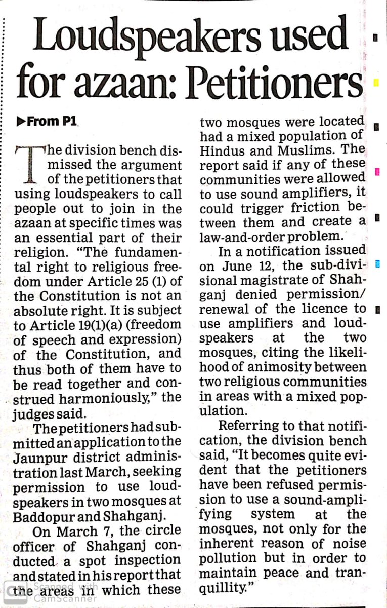 Rajbsv's tweet photo. Loudspeakers at religious places:

'The Fundamental right to religious freedom under Article 25(1)of the Constitution is NOT an absolute right.'

'In a mixed populatn, if communities were used sound amplifiers, it cud trigger friction btwn them n create Law&amp;Order problem.' (1/2) https://t.co/aFCyil4C23