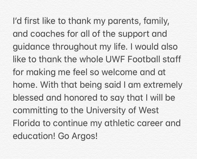 jdarnold44's tweet photo. It’s official! I’m committed to the University of West Florida! Thank you @CoachKrutsch @PeteShinnick and the rest of the UWF Football staff for the great official visit! #GoArgos https://t.co/X0KO5uDDGK