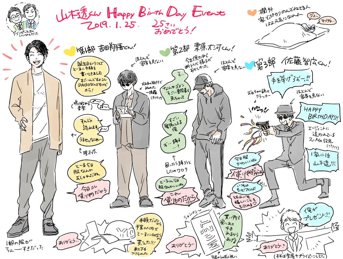 昨日山木君のお誕生日をお祝いしてきた!ちょ～～楽しかった!!!という絵 