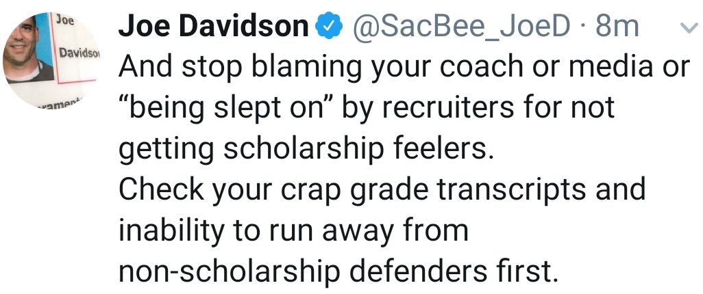 NotReallyJoeD's tweet photo. Wants student/athletes to read my work and follow me on Twitter.

Then proceeds to rip these kids on my "professional" Twitter account. 

You go @SacBee_JoeD https://t.co/2W3ZbS5VEZ
