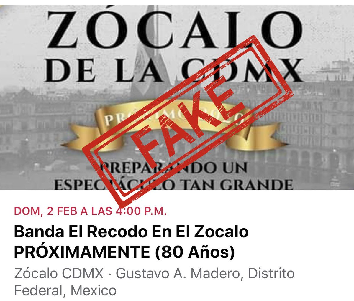 ElRecodoOficial's tweet photo. 🛑 A todos nuestro público queremos aclararles que es completamente FALSO el evento que está circulando en redes sociales sobre una supuesta presentación de BANDA EL RECODO en el ZÓCALO de la CDMX el próximo 02 DE FEBRERO. https://t.co/xyva9WaRaP