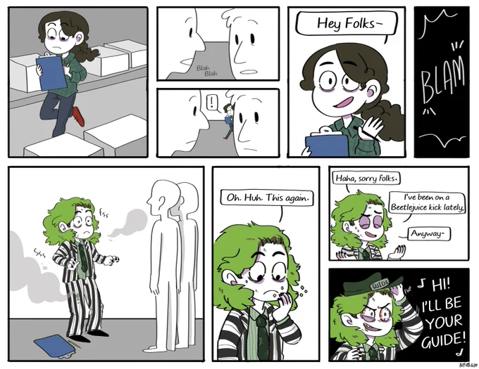 Hey @BeetlejuiceBway?  How do I stop inadvertently starting The Whole Being Dead Thing every time I try to greet guests at my job?  Is it time to start pursuing a career in bioexorcism?  Help? #comics 