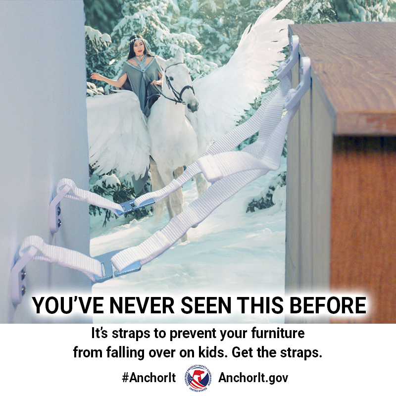 A Pegasus walking through the snow with a woman on its back. The text reads: You've never seen this before. It's straps to stop a dresser from falling over. Get the straps.