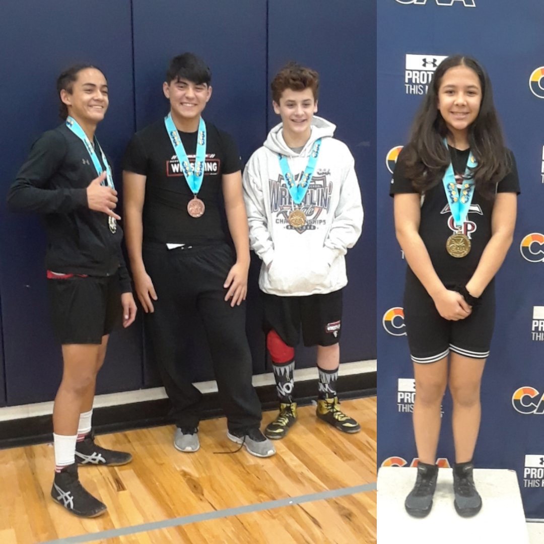 CPAWrestling's tweet photo. Proudly presenting our CAA MS Championship medalists......

Creon Fulgham (136lb) - GOLD

Adrian DeCossio (160lb) - BRONZE

Tim Terrones (120lb) - GOLD (1st 2-time champ in CPA history)

Serena DeRosa (105 lb) - GOLD (1st female champion in CPA history) https://t.co/Rf9kWdWrD1