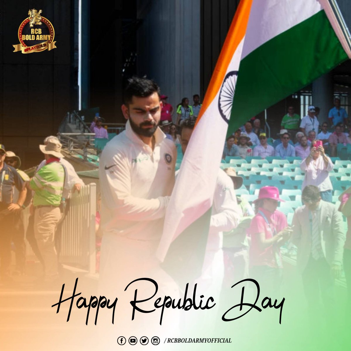 rcbboldarmy's tweet photo. The celebration of the 71st Republic day is in our minds, may the strength in our body and the pureness in our blood flow. Let us all stand and give respect to our nation on the Republic day. Wish you a very Happy Republic Day! https://t.co/07HtkUbiqf