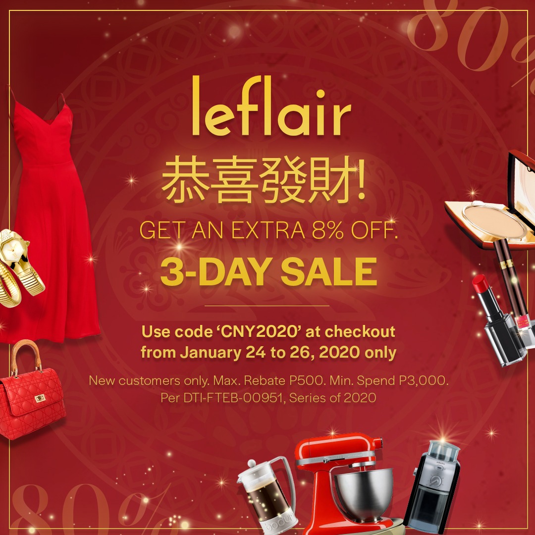 leflairph's tweet photo. Discounts are at full bloom at #CNY2020Leflair! Get up to 80% off and an extra 8% off* on the world's most desirable brands!

Use the code CNY2020 at checkout. 

*T&amp;Cs apply. For more details, visit https://t.co/cs3gsDwu4s
Per DTI-Fair Trade Permit No. FTEB-00951 series of 2020 https://t.co/SlaLn7bDcD