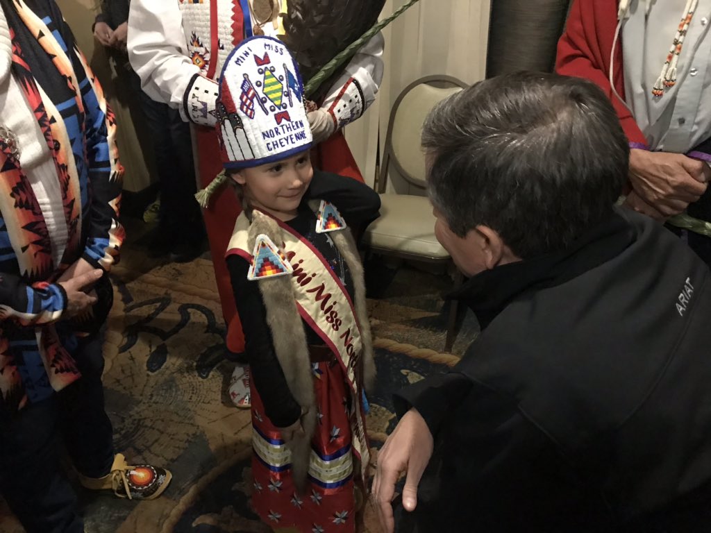 _JuliaDoyle's tweet photo. .@SteveDaines got to meet Mini Miss Northern Cheyenne tonight.  This young rockstar has quite the future. https://t.co/E1Vh6QdMxA