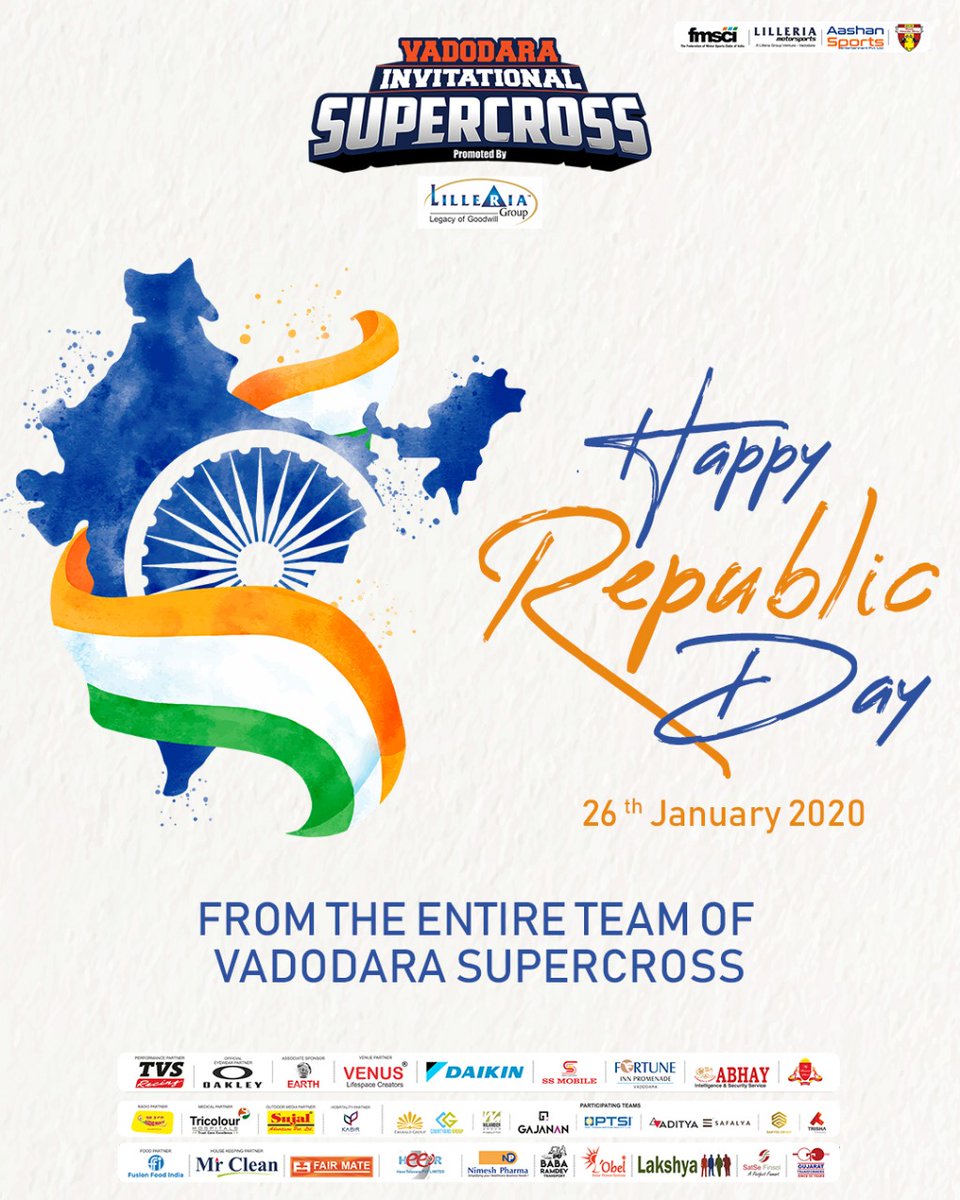 VSupercross's tweet photo. Happy Republic Day.. Team Vadodara Supercross #vadodarasupercross #RepublicDay2020 #feelalive #aashansports @punesupercross @lilleriagroup2 @fmsci @redbullindia @TVS_Racing @oakley https://t.co/xY5XgjPm5Y