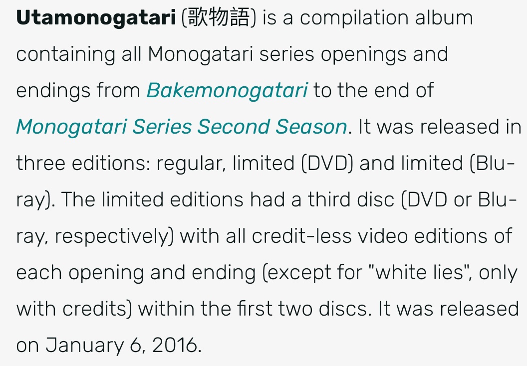 Utamonogatari — Various ArtistsA collection of all the OPs from the first two "seasons" of Monogatari. These are all top tier BANGERS & I'm sure most people are already familiar with at least three of them even if they haven't seen the show. So much great talent on this.