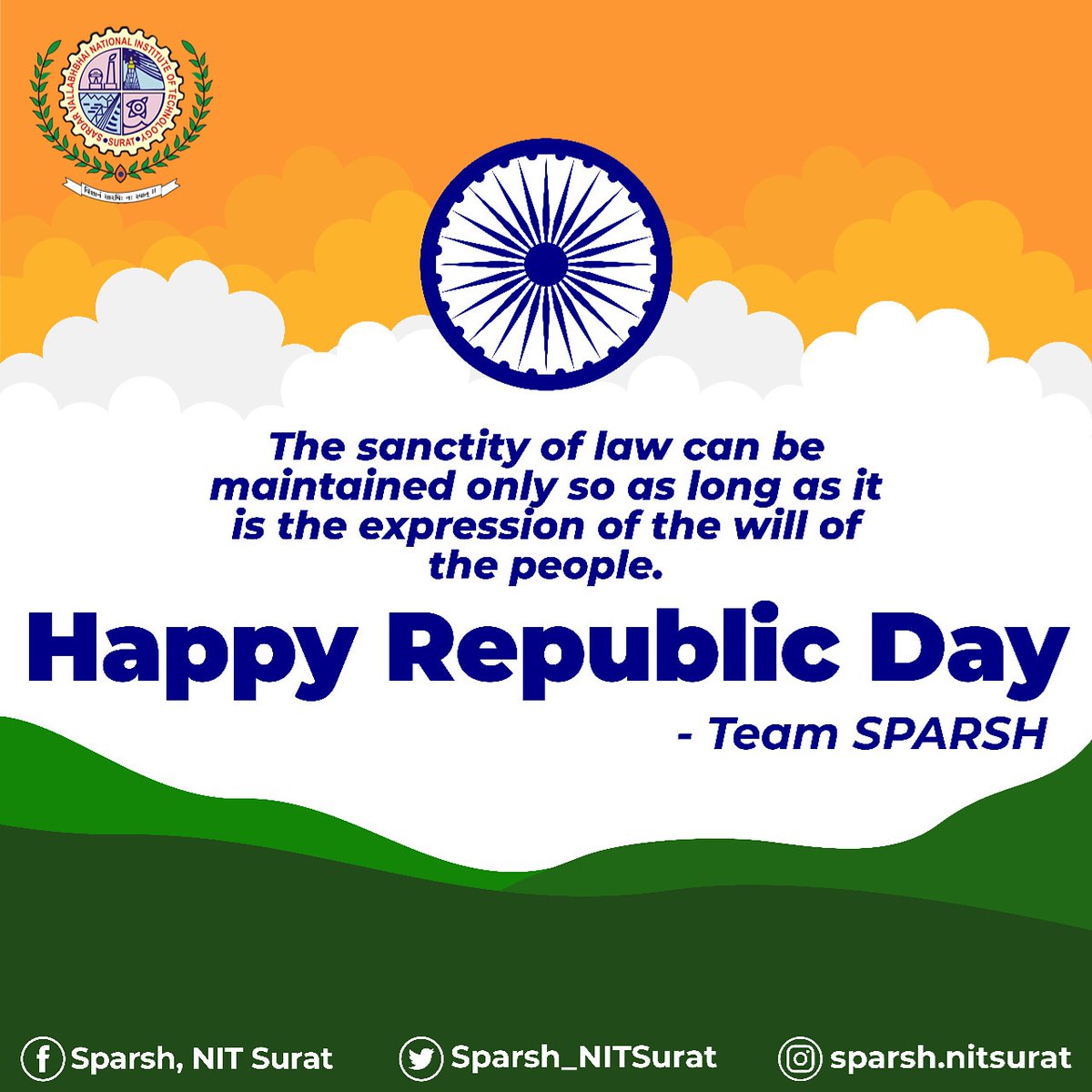 Sparsh_NITSurat's tweet photo. Happy Republic Day🇮🇳🎊
Let's work togather for a better India❤
#sparsh2020
#SVNIT https://t.co/PcYdJkSQ1r