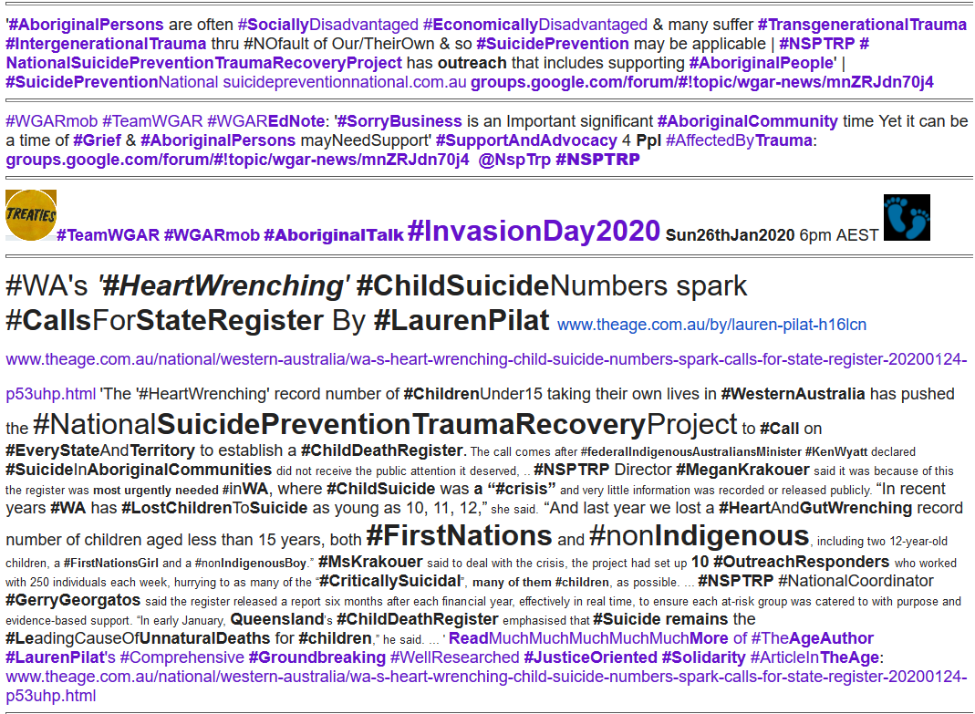 WgarNews's tweet photo. #WA's '#HeartWrenching' #ChildSuicideNumbers spark #CallsForStateRegister https://t.co/3nrgMLykr9 | #WGARmob ft #NationalSuicidePreventionTraumaRecoveryProject #NSPTRP #SorryBusiness #AboriginalSupport  #ChildDeathRegister #OzCrisisHelp #InvasionDay2020  https://t.co/MMRluoKsyJ https://t.co/hpIrCkWFhf