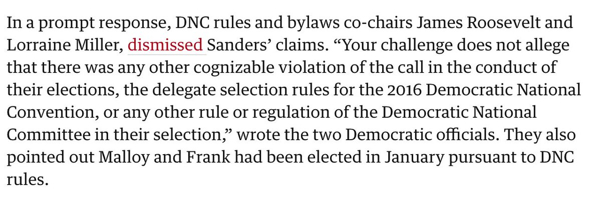 Lorraine Miller and James Roosevelt co-chaired the Rules Committee in 2016, and remember how Bernie Sanders wanted Barney Frank removed? He also wanted Connecticut Governor Dannel Malloy removed from Platform Committee Chair. Miller and Roosevelt denied that request.