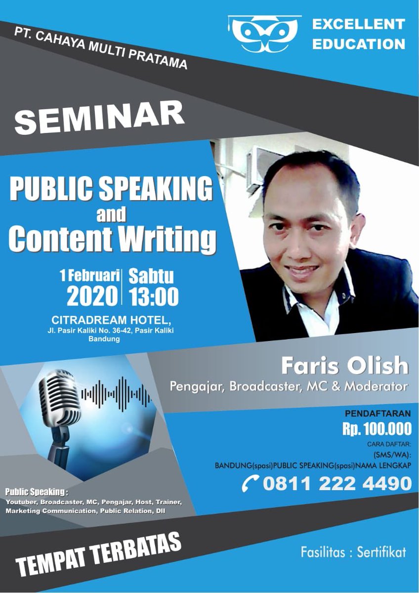 Seminar PT Cahaya Multi Pratama - Excellent Education

Seminar I 
Public Speaking &amp; Content Writing
Seminar II
Cara Hebat Kuliah dan Bekerja di Luar Negeri
Fasilitas : Sertifikat
Pendaftaran :
Sms/WA ke 08112224490