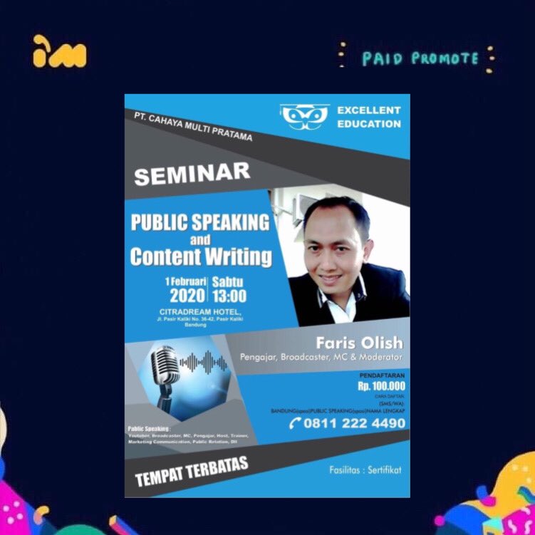 Seminar PT Cahaya Multi Pratama - Excellent Education

Cara Hebat Kuliah dan Bekerja di Luar Negeri
Fasilitas : Sertifikat
Pendaftaran :
Sms/WA ke 08112224490