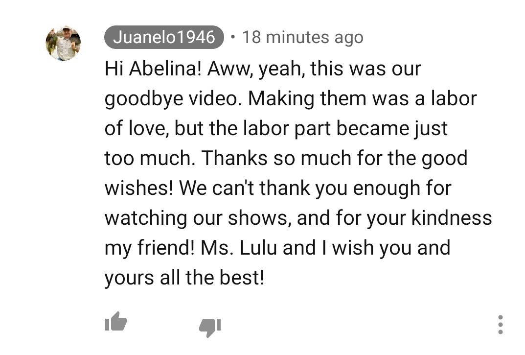 abelinasabrina's tweet photo. My favorite youtuber retired. While I'm sad we won't be seeing any new content, I'm happy he'll be able to enjoy his retirement w/o the stress of uploading anymore. Juanelo's videos are great for binging or leaving on while you go to sleep- check him out.

https://t.co/djJ9H4lieJ https://t.co/W45vSIn4wM