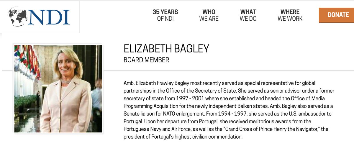 Elizabeth Bagley has raised millions for Democrats. She was a major fundraiser for Hillary Clinton's presidential campaigns. Her late husband was the heir to the R.J. Reynolds tobacco fortune. Bagley also is a National Democratic Institute board member.