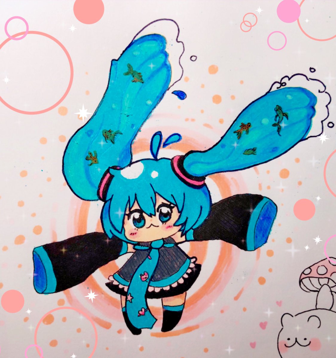peachy_beachyy's tweet photo. Anytime I ever draw, miku is always my default... I love drawing her with the water hair!   #HatsuneMiku https://t.co/DSGYGhUoEy