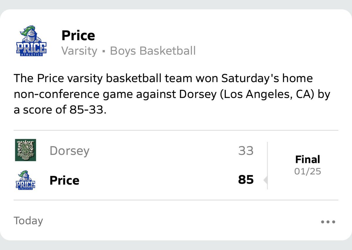 Price- 85
Dorsey- 33

<a href="/youngtreyday_/">Trey Nelson</a> 
16pts, 6rebs, 3a, 3s

<a href="/JjaayLee/">JayLee</a> 
11pts, 10rebs, 5a, 3s

@iameli00 
11pts, 11rebs, 3s, 2a

Price moves to 18-6 on the year. 
Next game Tuesday at SGA.
