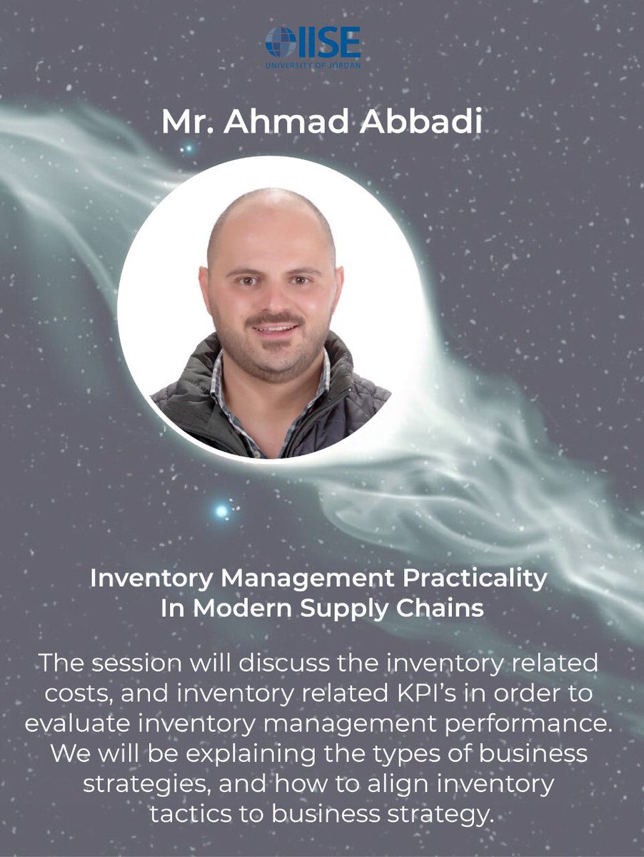 iiseuj's tweet photo. Please welcome our next speaker Mr.Ahmad Al Abbadi!

-An experienced Supply chain consultant
-Holds many recognized supply chain awards!

#IISEUJ #IISE #IISE2020 #ENGINEERING #JORDAN #IISE2020VISION https://t.co/QRd4kiLKFV