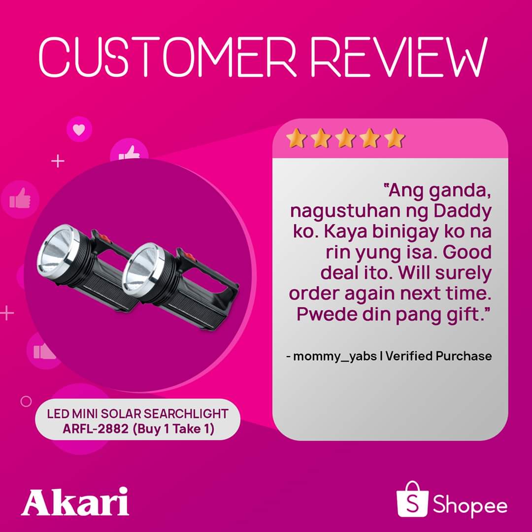 AkariLights's tweet photo. Put a bright smile on your loved one's face with handy presents like Mommy Yabs did! Grab the best-selling #Akari LED mini solar searchlight offered at #Buy1Take1 for only PHP 3๏ธโฃ5๏ธโฃ0๏ธโฃ at #AkariOnlineExclusives. ๐ https://t.co/S57rMwPMSH! #VerifiedPurchase #ChooseAkari https://t.co/03irgb9j3Q